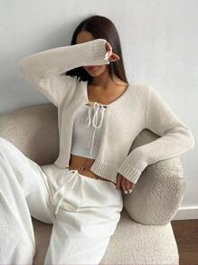 SHEIN Unity Áo len cardigan dài tay buộc nơ phía trước màu trơn cho nữ - Màu be - Xem 5