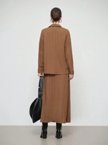 SHEIN LUNE 2 件套女士纯色落肩长袖纽扣衬衫和中长裙休闲套装，秋季 - 棕色 - 查看 2