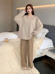 DAZY Minimalist Fleece Patchwork V-Neck Loose Loungewear Set Fall,Winter Pajama - Apricot - View 5