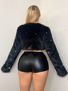 Sweetina 休闲复古蓬松短外套，时尚秋冬 - 黑色 - 查看 2