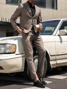 Manfinity Mode Men Front Button Long Sleeve Lapel Neck Shirt And Pants Suit - Coffee Brown - View 6