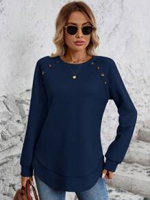 SHEIN LUNE Casual Raglan Sleeve Button Design Curved Hem Sweatshirt, Autumn - Navy Blue - View 4