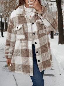 SHEIN LUNE Plus Size Fuzzy Plaid Printed Front Button Long Sleeve Plus Size Jacket Fleece Winter Clothes - Multicolor - View 3