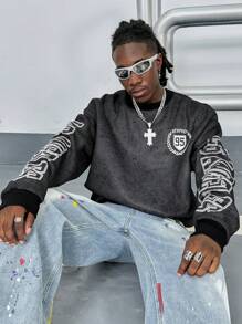 Manfinity VCAY Men Casual Letter Print Loose Drop Shoulder Sweatshirt For Autumn, For Fall Winter - Grey - View 3