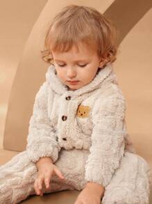 SHEIN Baby Boy Fleece Hooded Sweatshirt Jacket And Solid Color Fleece Pants Set, A Warm And Comfortable Outfit Suitable For Wear In Autumn, Spring And Winter. Keeping Them Fashionable And Comfortable In Autumn, Spring And Winter. - Apricot - View 4