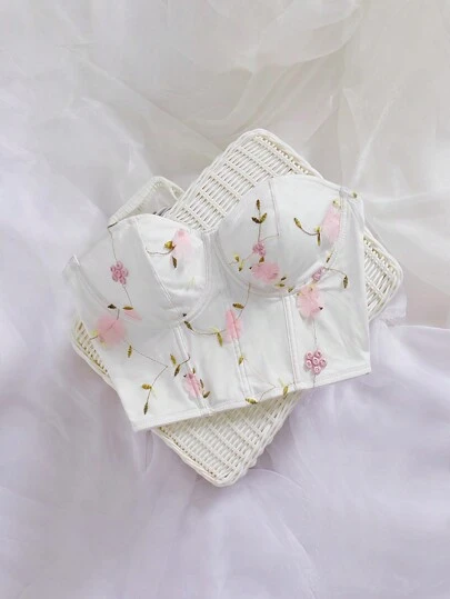 SHEIN Privé 优雅浪漫花卉刺绣网眼女士紧身胸衣