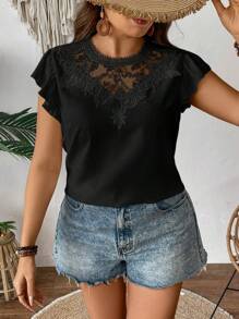 SHEIN Privé 大尺碼女士夏季刺繡領口短袖精美鬆身透氣襯衫