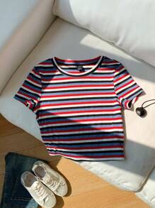 Comfortcana 彩色条纹针织修身女式圆领短袖T恤 - 彩色 - 查看 3