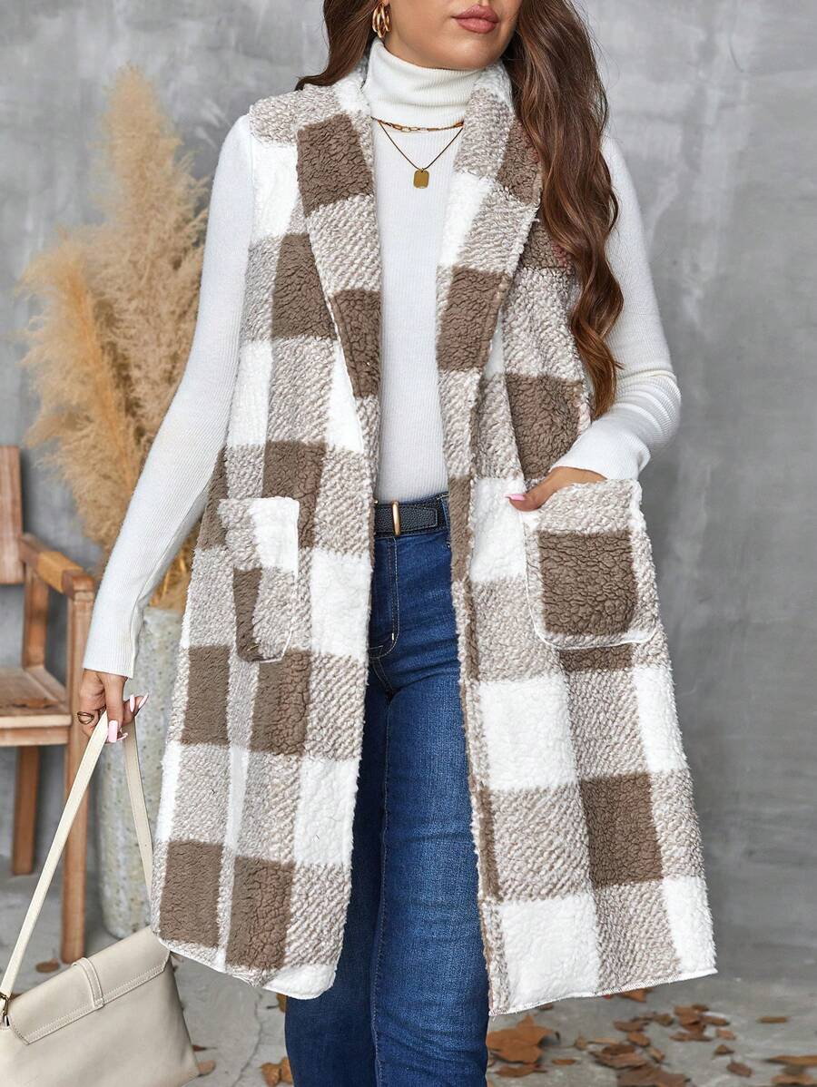 SHEIN LUNE 大码秋冬女式披肩领无袖口袋格子休闲外套/格子女式外套 感恩节假日 - 彩色 - 查看 1