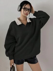 DAZY Damen Winter Langarm Sherpa Kragen Plüsch Sweatshirt mit Thermofutter - Schwarz - Übersicht 6