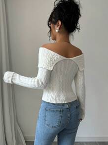 Chiquease Women's Solid Color Off-Shoulder Long Sleeve Zipper Front Fitted Cardigan, Autumn/Winter - White - View 2