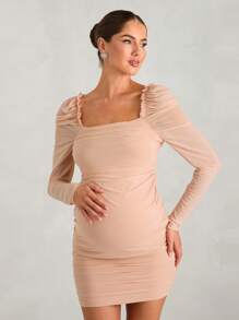 MaterniChic Schwangerschaftskleid mit Rüschen an den Ärmeln, geraffter Mesh-Überlagerung, körperbetonter Schnitt, einfarbiges gestricktes Mesh-Damen-Bodycon-Kleid für Frühling und Herbst, geeignet für Party, Abend, Hochzeit, Straßenmode