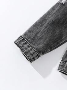 Tween Boy Vintage Street-Style Loose Ripped Distressed Animal Pattern Embroidered Casual Light-Wash Denim Jacket Chic Outfits For Autumn/Winter - Black - View 3