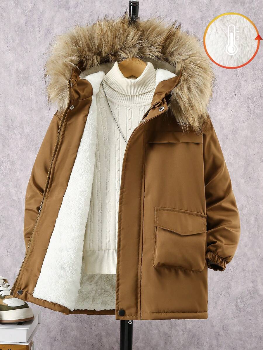 SHEIN Áo khoác mùa đông dài tay có mũ trùm đầu lót nhiệt cho bé trai tuổi mới lớn có túi thời trang - Cà phê nâu - Xem 1