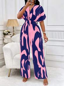 VaVaBold Fashionable Colorblock Print Butterfly Sleeve Jumpsuit - Blue - View 3