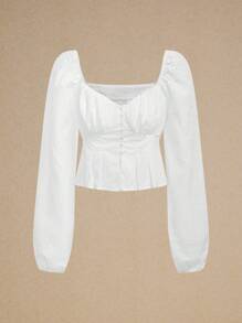 Poéselle Áo cánh tay bồng xếp ly thêu viền màu trắng mùa thu công sở, thanh lịch - trắng - Xem 1