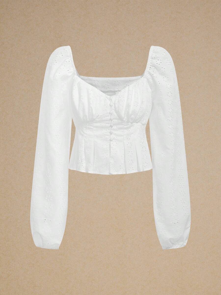 Poéselle Áo cánh tay bồng xếp ly thêu viền màu trắng mùa thu công sở, thanh lịch - trắng - Xem 1