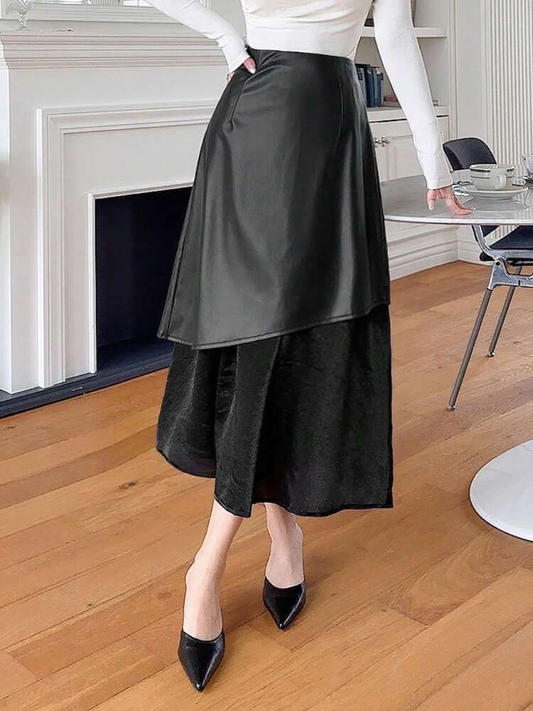 Women's Casual Elegant Versatile PU Leather And Mesh Contrast Skirt, Autumn