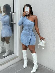 SHEIN SXY Women's Denim Dress Blue Sexy Tight Elastic One Shoulder Midi Dress Christmas Women Dress Halloween Dress Sexy Women Outfits Off Shoulder, Fall Women Clothes - Light Wash - View 5