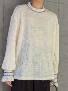 FRIFUL Damen Flauschiges Rüschen-Saum Farbblock T-Shirt mit thermisch gefüttertem Langarm Damen Oberteil, Herbst Damenmode