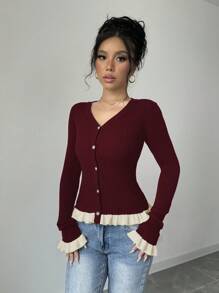 Elenzga Gerimpelde rand, contrasterende kleur gebreide cardigan, tops met lange mouwen