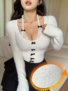 DAZY Ballet Style 2 In 1 With Bow Decor Fitted Women T-Shirt,Back To School Clothes Long Sleeve Women Tops