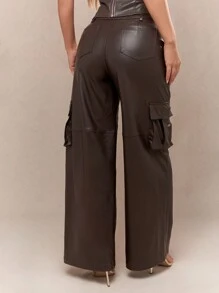 MISSGUIDED Faux Leather Wide Leg Cargo Pants Office Wear - Coffee Brown - View 2