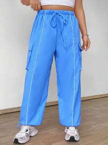 Flirla Plus Size Women Elastic Waist Drawstring Cargo Pants With Contrast Trim