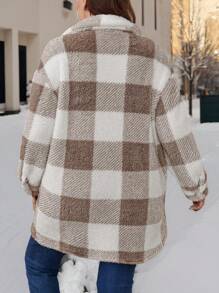 SHEIN LUNE Plus Size Fuzzy Plaid Printed Front Button Long Sleeve Plus Size Jacket Fleece Winter Clothes - Multicolor - View 2