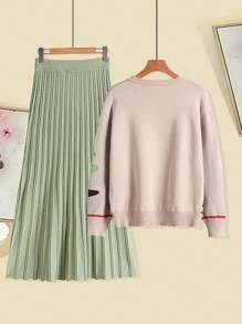 Franclia 2 pezzi/set, maglione lavorato a maglia a contrasto di colore ampio e elegante e gonna, outfit autunnale da donna - Verde - Visualizzare 2