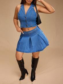 Forever 21 Plus Size Fashion A-Line Pleated Denim Skirt - Blue - View 8