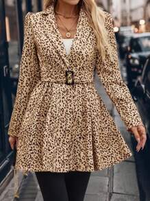 SHEIN Clasi Abrigo largo elegante de manga larga con cinturón y estampado de leopardo para mujer