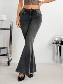 SHEIN Essnce 女士休闲破洞喇叭牛仔裤 - 灰色 - 查看 5