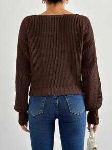 SHEIN Cottnline 女式纯色落肩长袖单排扣宽松休闲开衫，秋冬 - 棕色 - 查看 2