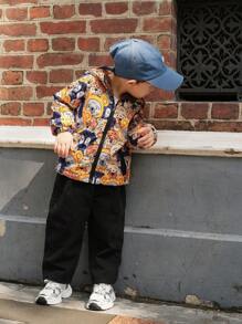 SHEIN Áo khoác có mũ trùm đầu in hình chú chó dễ thương cổ điển thường ngày cho bé trai, thích hợp cho bé trai từ 4-7 tuổi mặc vào mùa thu, xuân và đông, cho hoạt động ngoài trời và đi học - Màu vàng - Xem 4