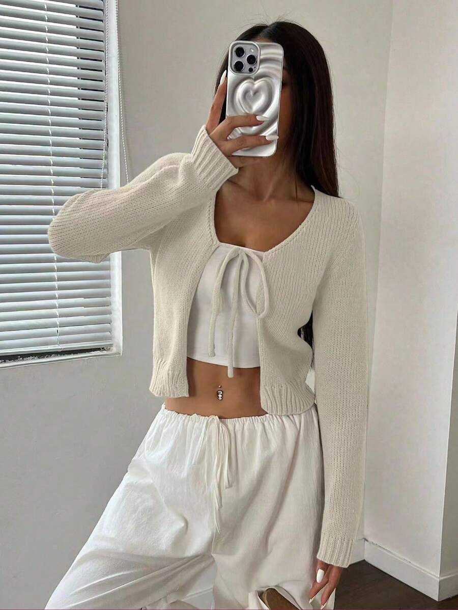 SHEIN Unity Áo len cardigan dài tay buộc nơ phía trước màu trơn cho nữ - Màu be - Xem 1
