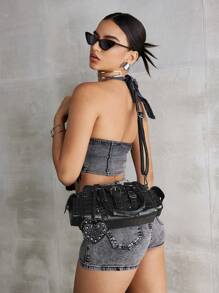 SHEIN ICON 女士时尚新款甜美酷炫 Y2K 心形吊坠复古摩托车手提手提包、街头、Y2K、复古、顶级手提包、手提包、黑色、酷炫、铆钉、街头、Y2K、复古、心形、摩托车手风格、校园包、青少年包 - 黑色 - 查看 7