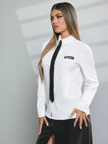 SHEIN Unity Women's Letter Print Long Sleeve Casual Versatile Top - White - View 4