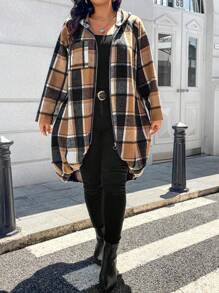 EMERY ROSE Plus Size Women's Printed Raglan Sleeve Zip-Up Hooded Long Plaid Fall Coat Winter Autumn - Multicolor - View 7