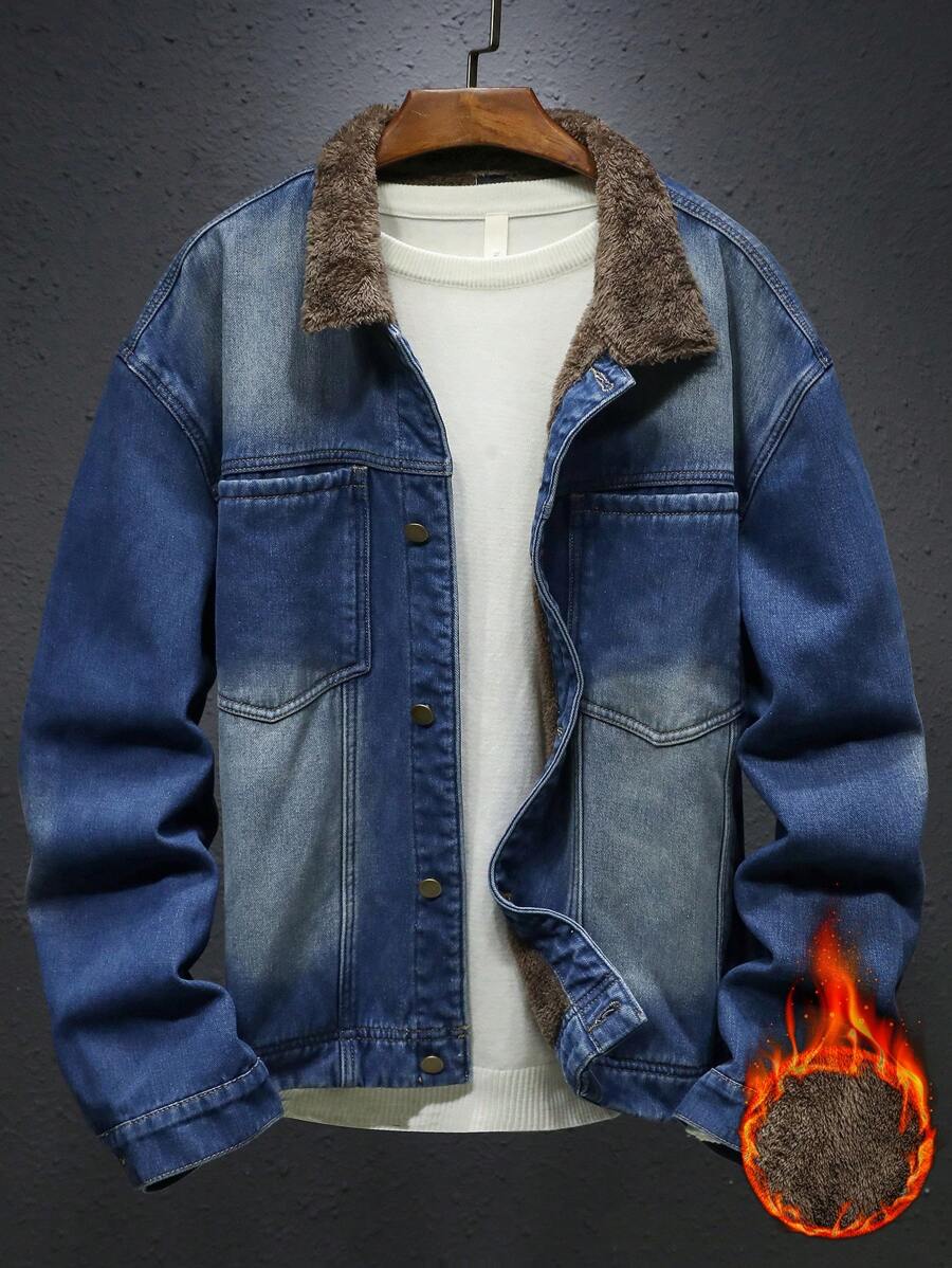 Manfinity Homme Men's Washed Deep Blue Denim Thermal Lined Casual Loose Jacket - Dark Wash - View 1