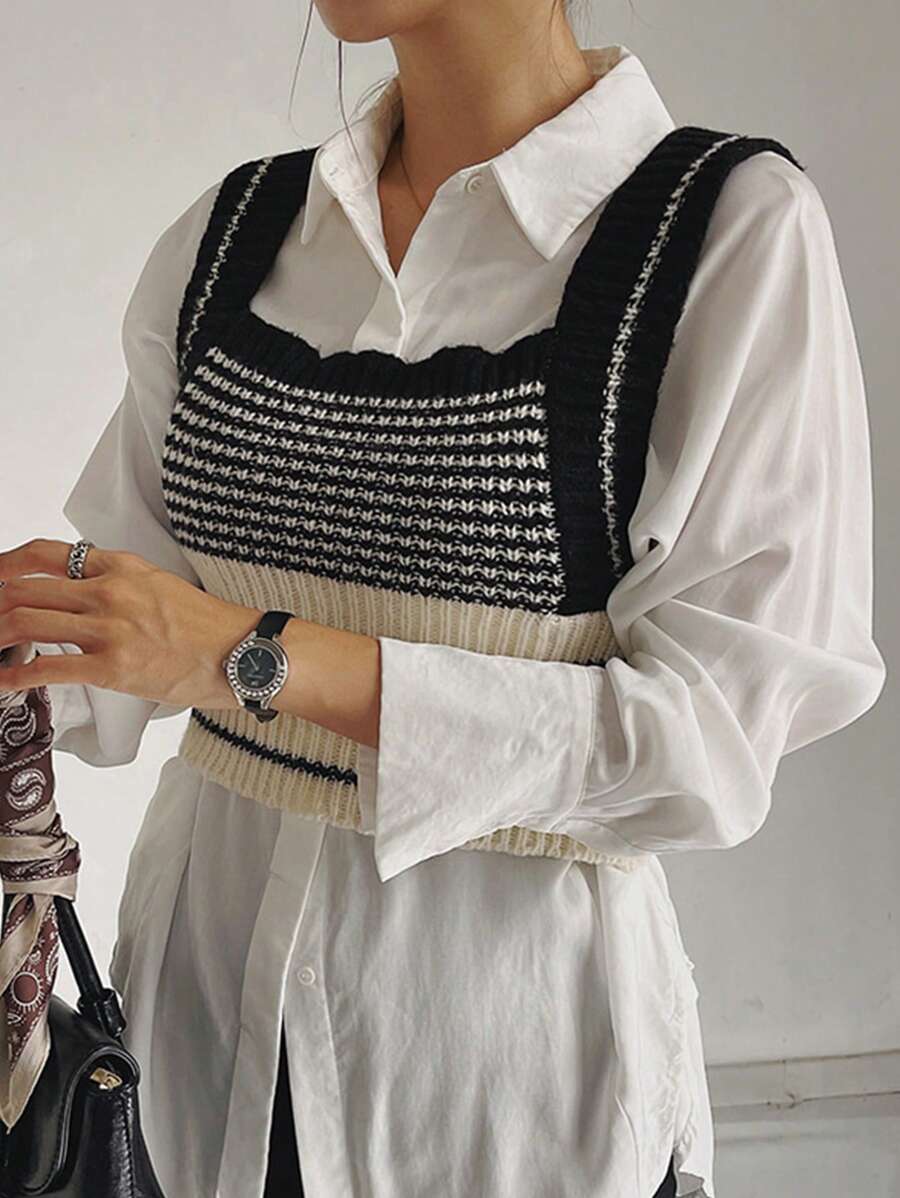 DAZY Women Contrast Color Patchwork Super Short Suspender Knit Camisole Top Fall - Black and White - View 1