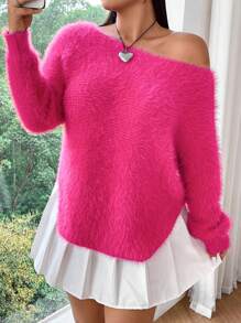 Flirla Plus Size Pink Thick Warm Soft Fluffy Pullover Sweater Knit Pullover Fall Winter - Hot Pink - View 6