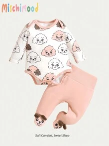 SHEIN 2pcs Newborn Baby Girl Cute Lamb Print Long Sleeve Bodysuit With Pants Set Home Outfit - Multicolor - View 1