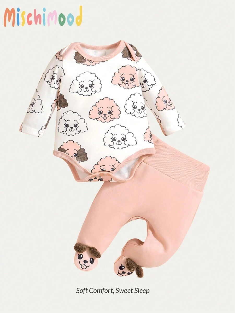 SHEIN 2pcs Newborn Baby Girl Cute Lamb Print Long Sleeve Bodysuit With Pants Set Home Outfit - Multicolor - View 1