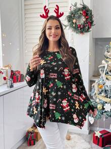 SHEIN Essnce Große Größen Herbstkleidung Kurven Damen Bekleidung Herbst und Winter Neue Mode Lässig Festival Weihnachten Damenkleidung Weihnachten Langarm T-Shirt Weihnachten Damenshirts Weihnachtsfamilie Ugly Christmas T-Shirt Santa Claus Grafikdruck T-Shirt, Weihnachtsbaum Grafikdruck T-Shirt Schwarzes Weihnachten Grafikdruck T-Shirt Asymmetrischer Saum Locker Baby Doll Weihnachts T-Shirt