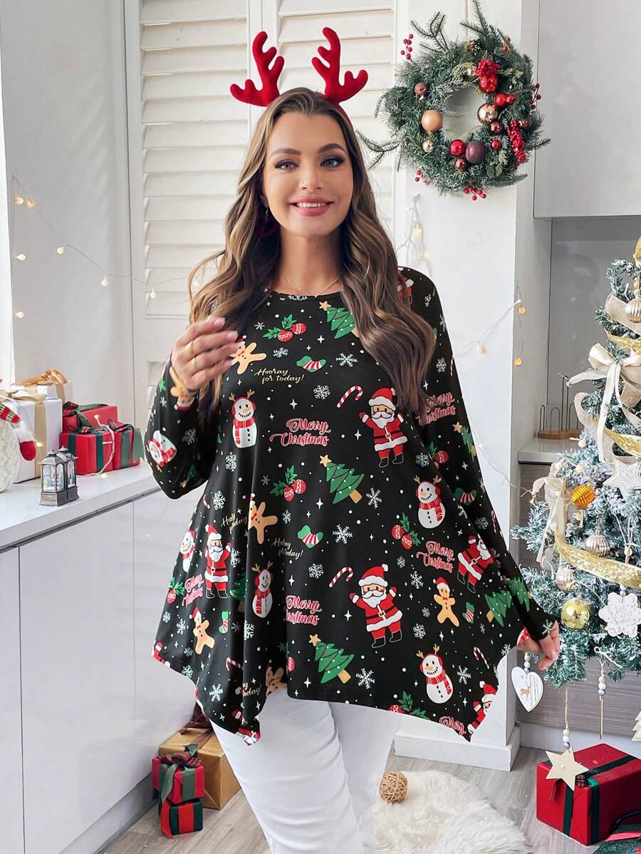 SHEIN Essnce Plus Size Fall Clothes Curve Women's Clothing Autumn And Winter New Fashion Casual Festival Christmas Women Clothes Christmas Long Sleeve T-Shirt Christmas Women Tops Christmas Family Ugly Christmas T-Shirt Santa Claus Graphic T-Shirt, Christmas Tree Graphic T-Shirt Black Christmas Graphic T-Shirt Asymmetric Hem Loose Baby Doll Christmas T-Shirt - Multicolor - View 1