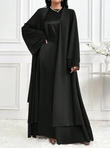 Al Najma Áo choàng Abaya cổ tròn dài tay loe buộc eo thanh lịch cho nữ, phong cách thanh lịch giản dị cho trang phục thường ngày/công sở/ngày lễ/tiệc tối/khách dự tiệc cưới - màu đen - Xem 4