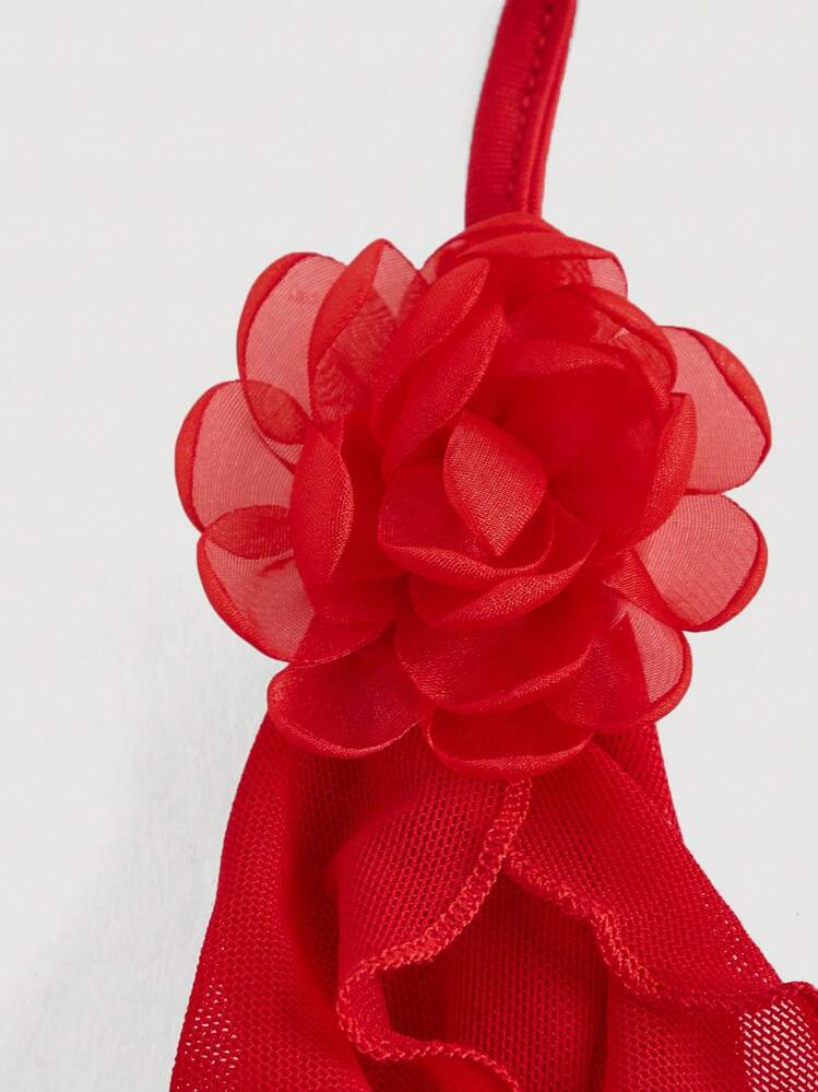 SHEIN MOD Romantic Red Ruffle Edge Ribbon And 3D Flower Tie Neck