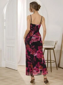 SHEIN Belle Vestido de fiesta elegante con estampado floral, abertura en el bajo, tirantes finos, para mujer. Vestido de cóctel, semirrígido, para fiesta, cumpleaños, boda, graduación, cena, baile de graduación