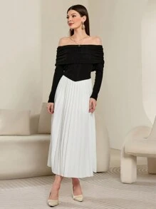 Modelyn Women's Long Knitted Pleated Off-Shoulder Waist Gathers Dress, Elegant And Feminine Long Evening Dresses - Black and White - View 3